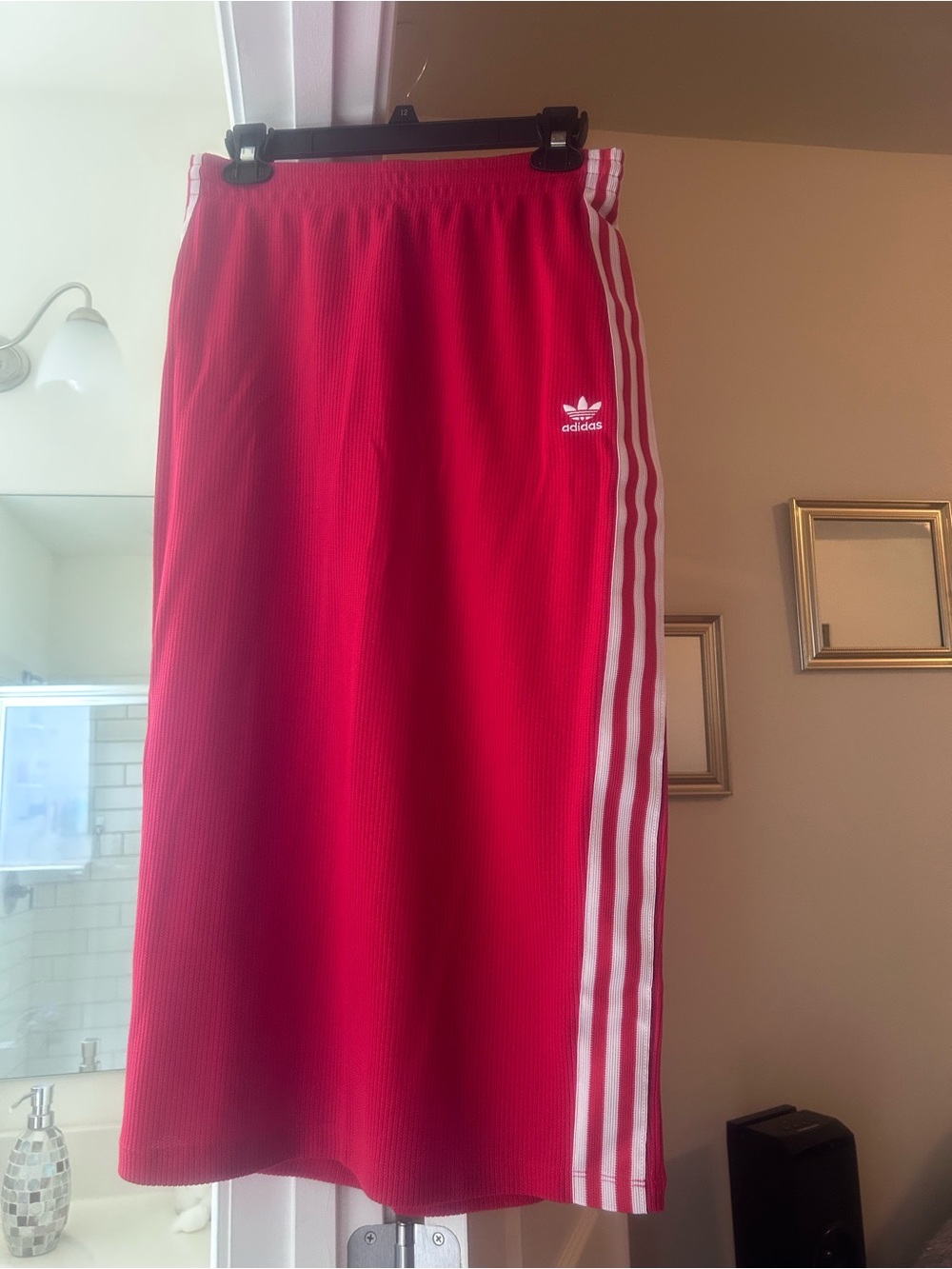 Adidas Women’s Red Ribbed Knit Midi Skirt with Side Stripes